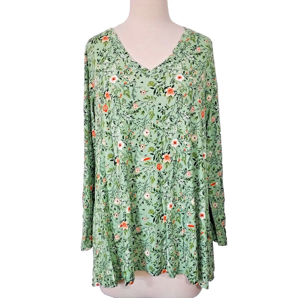 Popyoung Shirt Tunic Top Comfy Soft Flowy Womens Size 2XL Stretch Green Floral